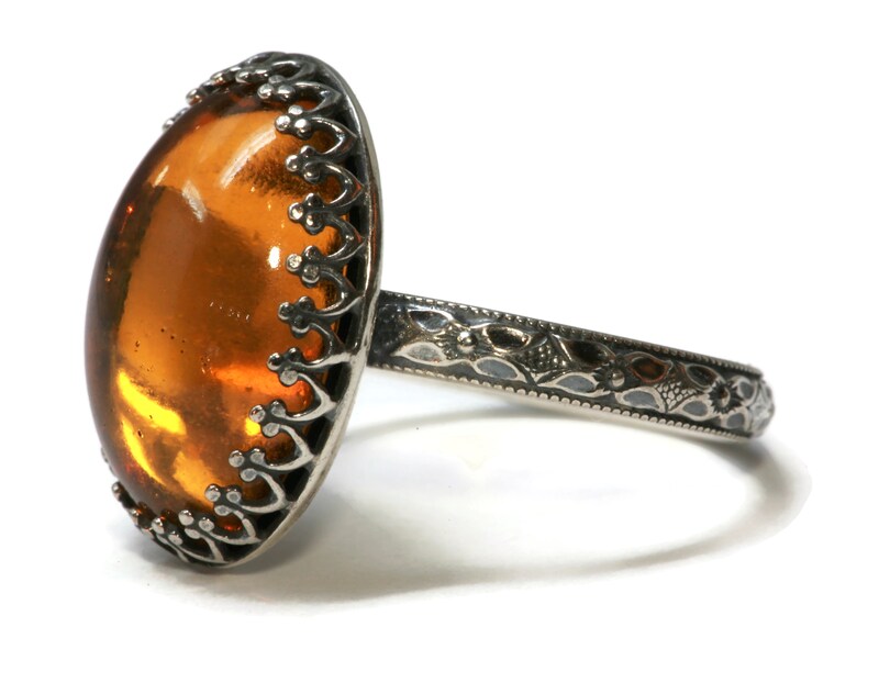 18x13mm Golden Amber Czech Glass 925 Antique Sterling Silver Ring by Salish Sea Inspirations